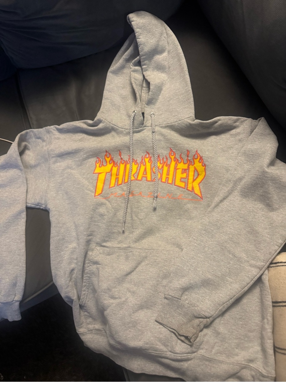 Thrasher Gray hoody Sweatshirt with Yellow & Orange Flame Logo